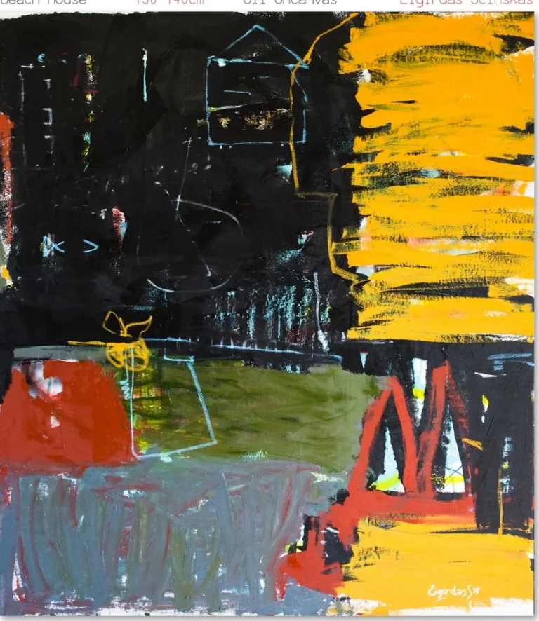 BEACH HOUSE – abstraktus paveikslas, 130×140 cm, aliejus ant drobės, menininkas Eigirdas Scinskas