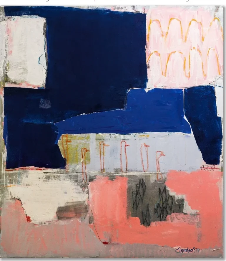 PINK FLAMINGOS IN THE POOL – abstraktus paveikslas, 124×140 cm, aliejus ant drobės, menininkas Eigirdas Scinskas