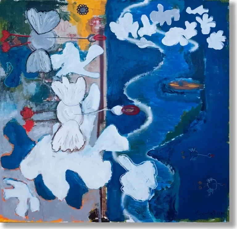 BLUE LAGOON – abstraktus paveikslas, 180×180 cm, aliejus ant drobės, menininkas Eigirdas Scinskas