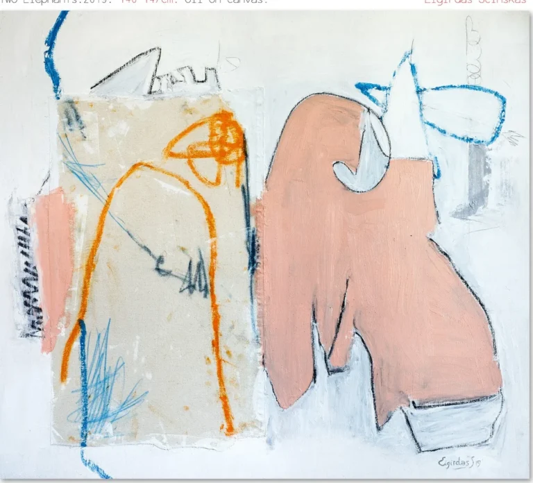 TWO ELEPHANTS – abstraktus paveikslas, 140×147 cm, aliejus ant drobės, menininkas Eigirdas Scinskas