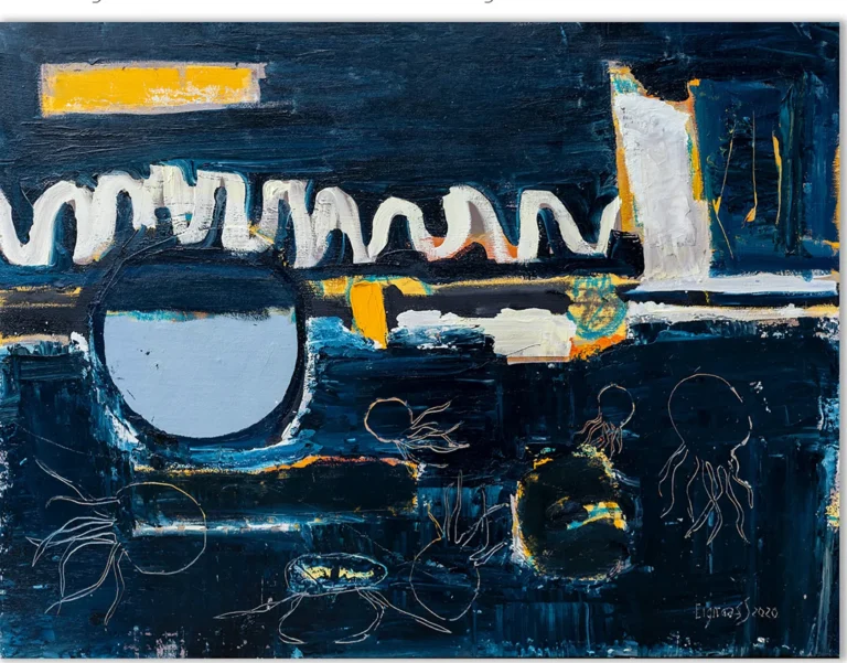 DEEP BLUE SEA – abstraktus paveikslas, 140×105 cm, aliejus ant drobės, menininkas Eigirdas Scinskas