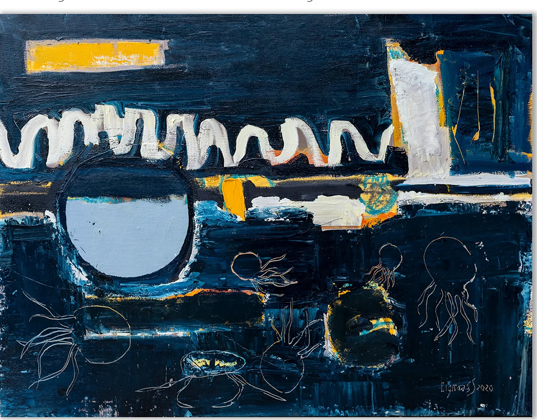 DEEP BLUE SEA – abstraktus paveikslas, 140×105 cm, aliejus ant drobės, menininkas Eigirdas Scinskas