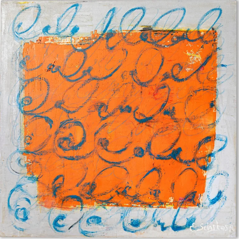 ORANGE CINNAMON ROLLS – abstraktus paveikslas, 100×100 cm, aliejus ant drobės, menininkas Eigirdas Scinskas
