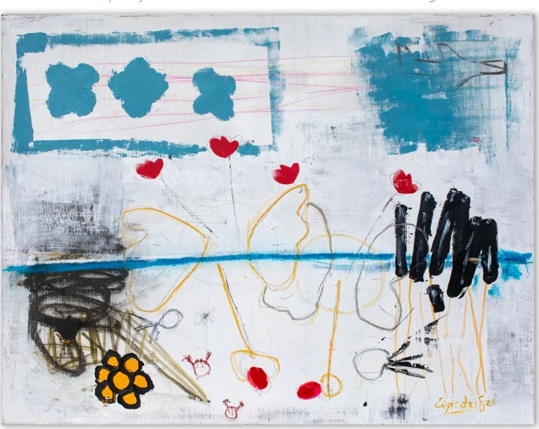 IT’S PARTY TIME – abstraktus paveikslas, 140×100 cm, mišri technika ant drobės, menininkas Eigirdas Scinskas