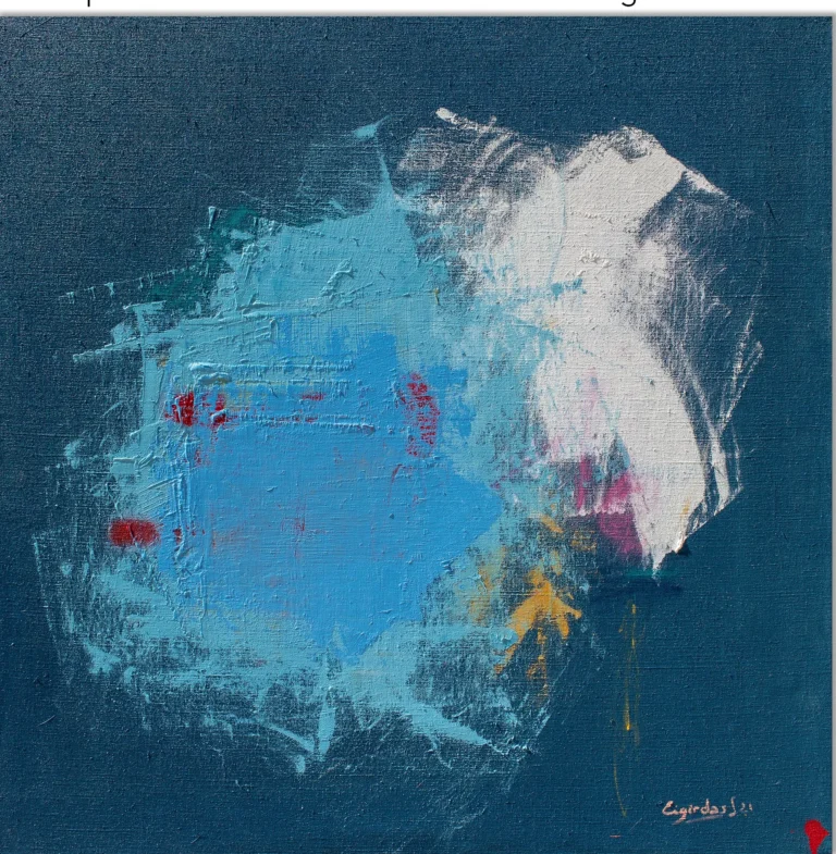 BLUE SQUARE – abstraktus paveikslas, 100×100 cm, aliejus ant drobės, menininkas Eigirdas Scinskas