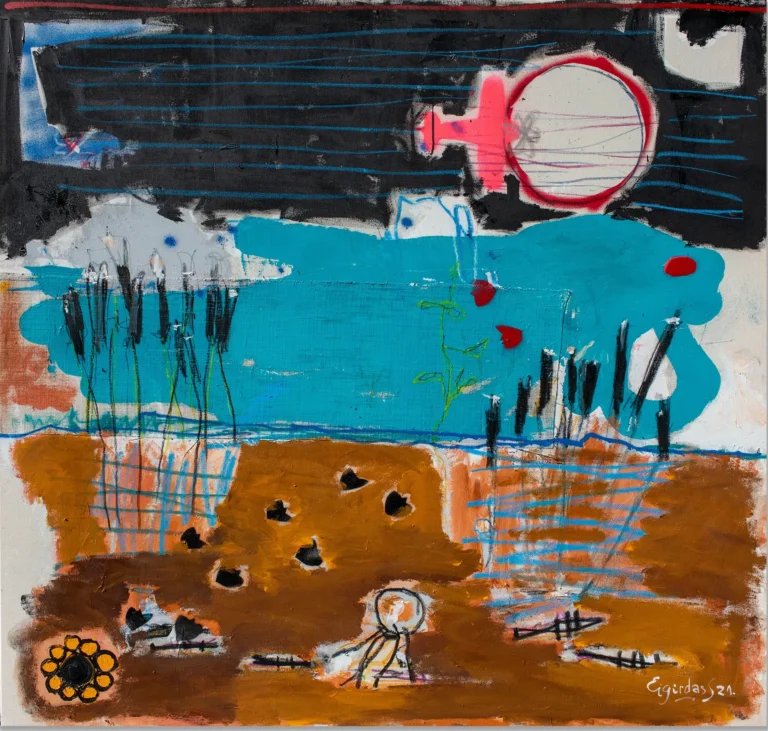 LE PEUPLE MIGRATEUR – abstraktus paveikslas, 147×140 cm, aliejus ant drobės, menininkas Eigirdas Scinskas