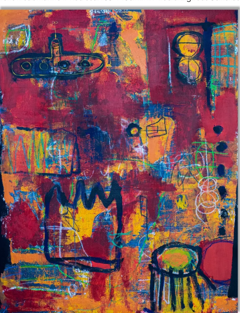 YELLOW SUBMARINE AND THE RED SEA – abstraktus paveikslas, 105×140 cm, aliejus ant drobės, menininkas Eigirdas Scinskas