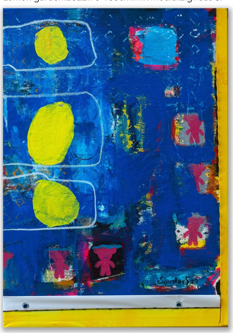 LEMON GARDEN – abstraktus paveikslas, 70×100 cm, mišri technika ant drobės, menininkas Eigirdas Scinskas