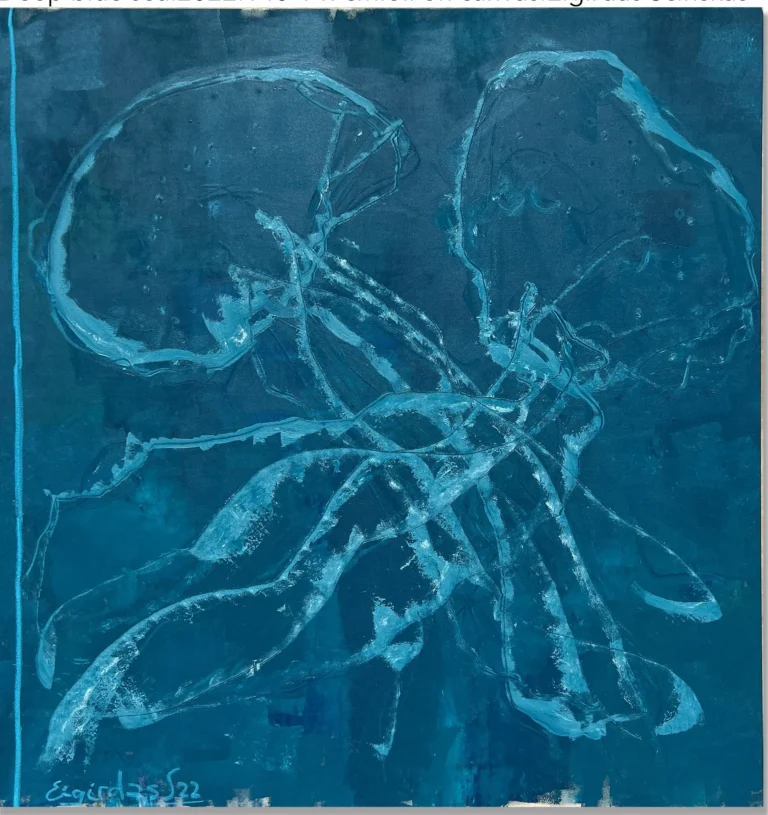 DEEP BLUE SEA – abstraktus paveikslas, 140×147 cm, aliejus ant drobės, menininkas Eigirdas Scinskas