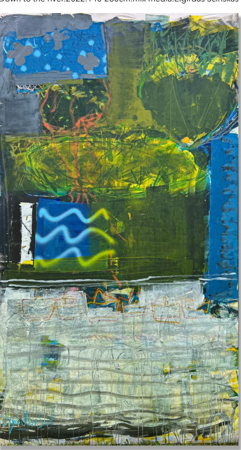 DOWN TO THE RIVER – abstraktus paveikslas, 140×280 cm, mišri technika ant drobės, menininkas Eigirdas Scinskas