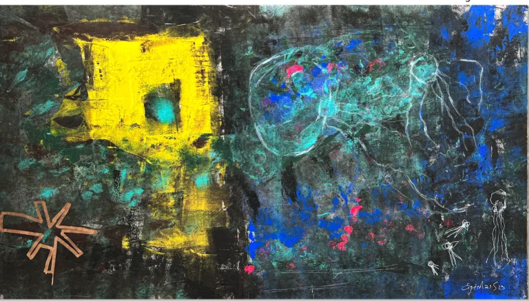 YELLOW SUBMARINE – abstraktus paveikslas, 140×245 cm, mišri technika ant drobės, menininkas Eigirdas Scinskas