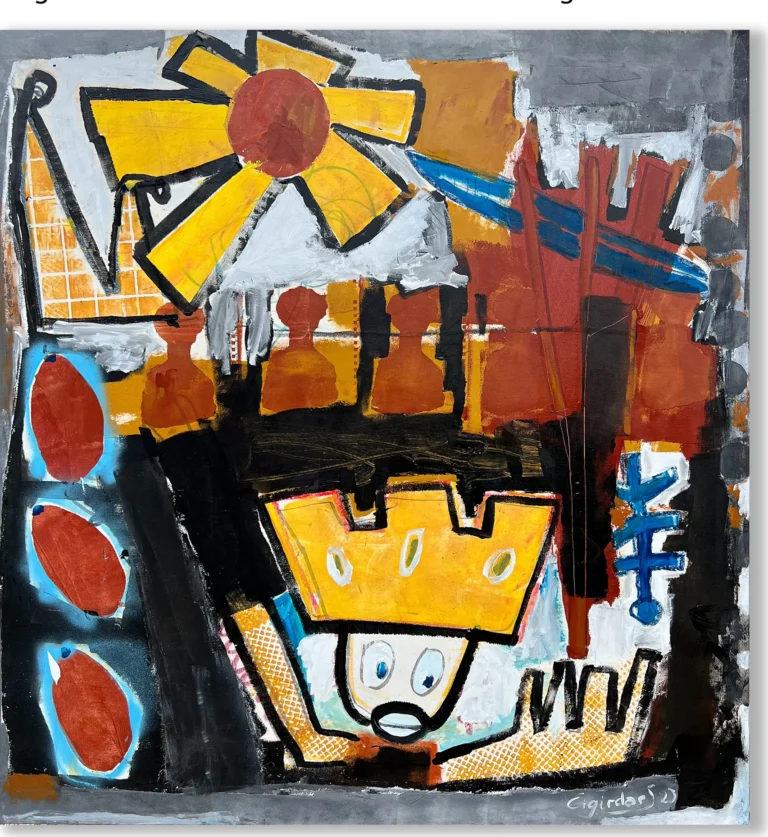 KING OF THE SUN – abstraktus paveikslas, 140×147 cm, mišri technika ant drobės, menininkas Eigirdas Scinskas