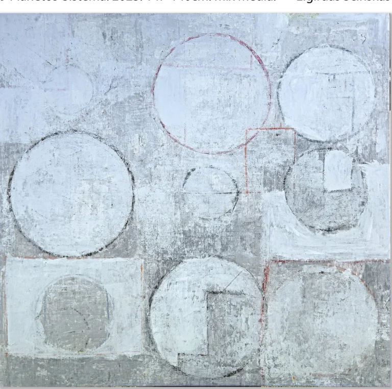 9 PLANETS – SYSTEM – abstraktus paveikslas, 147×140 cm, mišri technika ant drobės, menininkas Eigirdas Scinskas