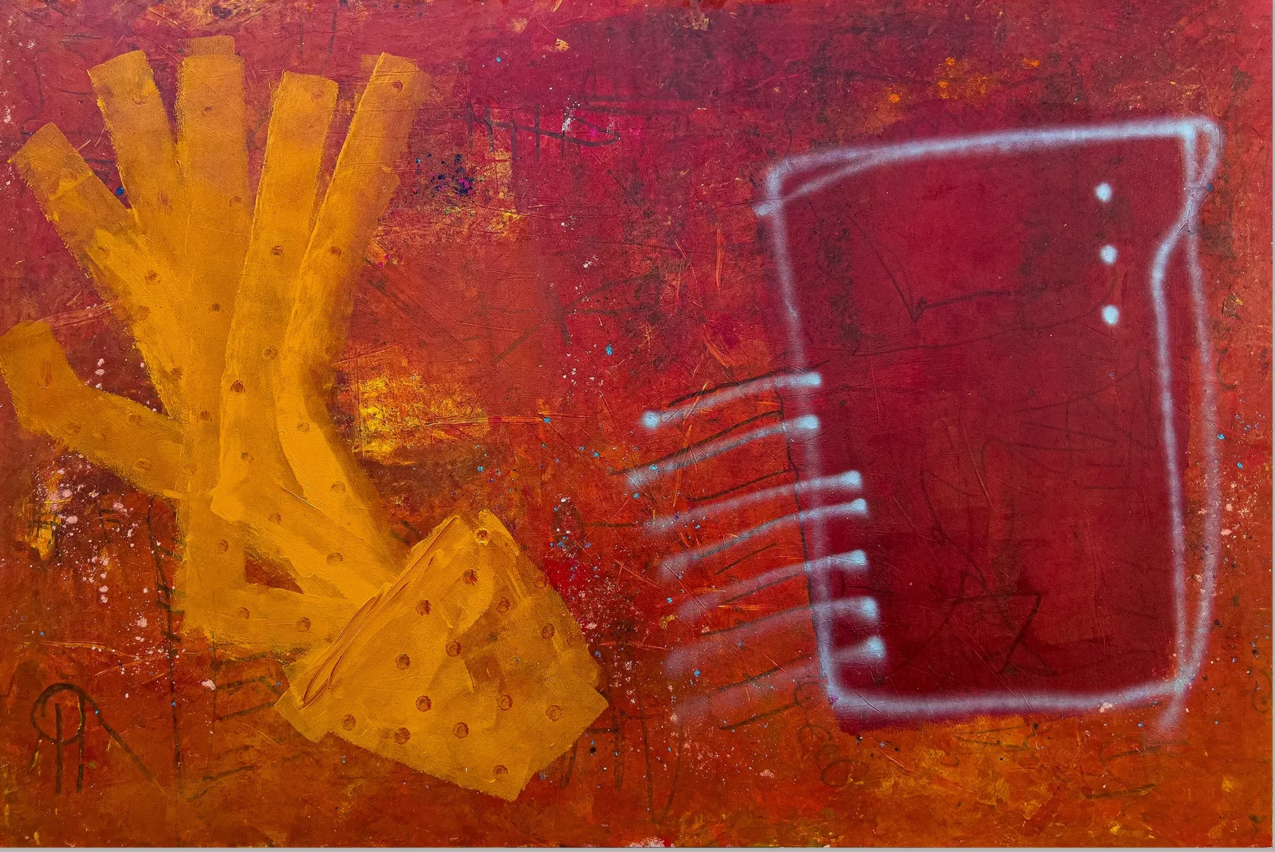 RED AND HOT – abstraktus paveikslas, 220×147 cm, mišri technika ant drobės, menininkas Eigirdas Scinskas