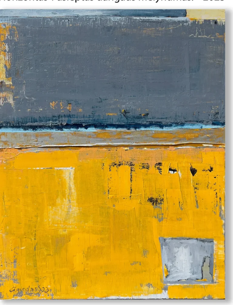 HORIZON – THE HIDDEN BLUE OF THE SKY – abstraktus paveikslas, 110×140 cm, mišri technika ant drobės, menininkas Eigirdas Scinskas