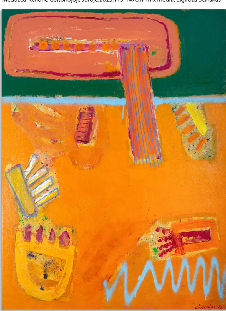 JOURNEY THROUGH THE YELLOW SEA – abstraktus paveikslas, 115×147 cm, mišri technika ant drobės, menininkas Eigirdas Scinskas