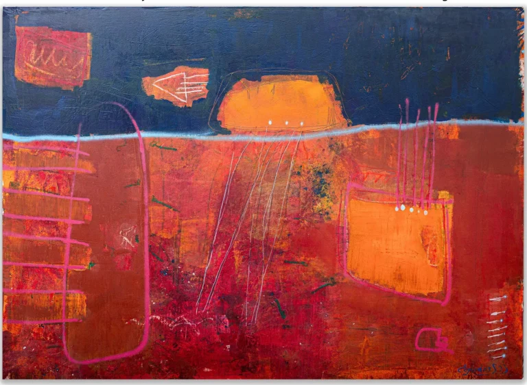 ABOVE THE HORIZON LINE – abstraktus paveikslas, 205×140 cm, mišri technika ant drobės, menininkas Eigirdas Scinskas