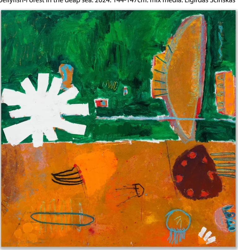 FOREST IN THE DEEP SEA – abstraktus paveikslas, 144×147 cm, mišri technika ant drobės, menininkas Eigirdas Scinskas