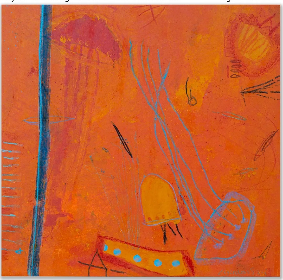 LAVA ORANGE – abstraktus paveikslas, 147×144 cm, mišri technika ant drobės, menininkas Eigirdas Scinskas