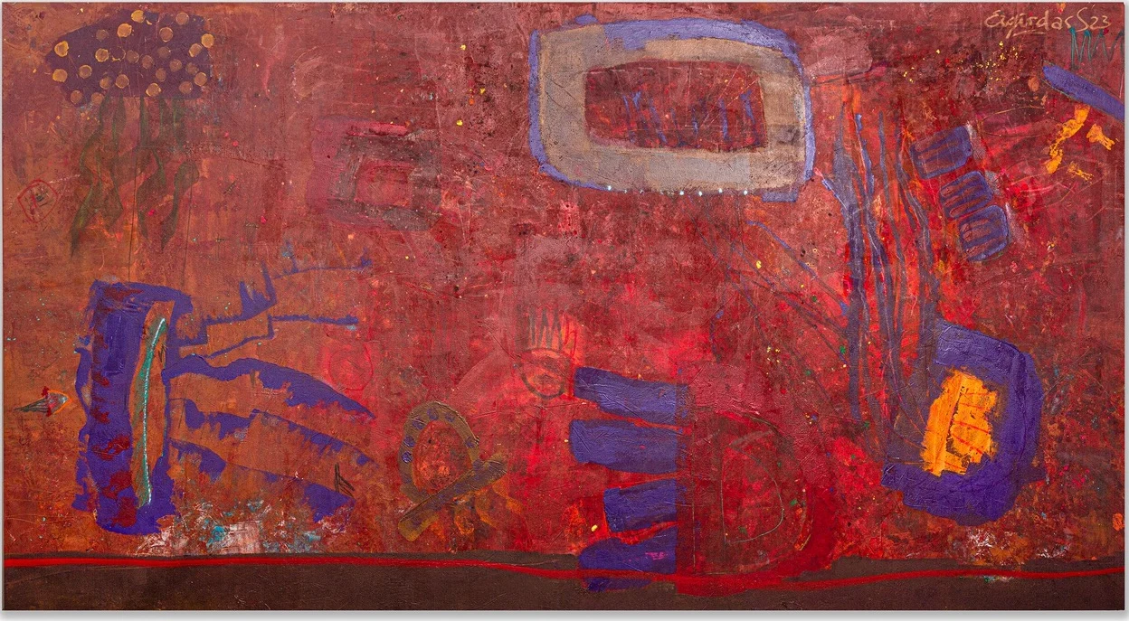 FREE SWIMMING – abstraktus paveikslas, 265×144 cm, mišri technika ant drobės, menininkas Eigirdas Scinskas