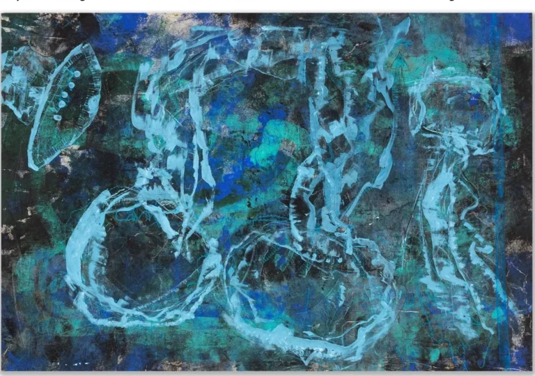 BLUE LAGOON – abstraktus paveikslas, 210×144 cm, mišri technika ant drobės, menininkas Eigirdas Scinskas