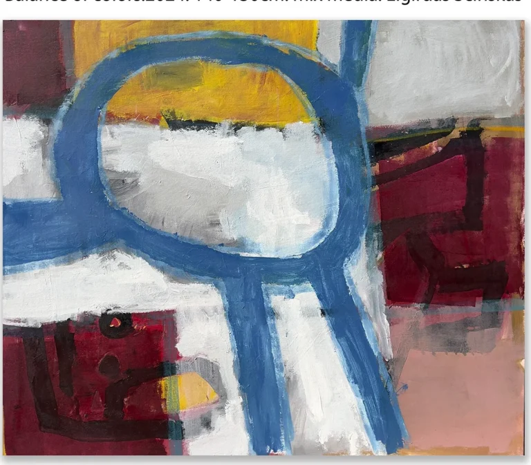 BALANCE OF COLORS – abstraktus paveikslas, 140×130 cm, mišri technika ant drobės, menininkas Eigirdas Scinskas