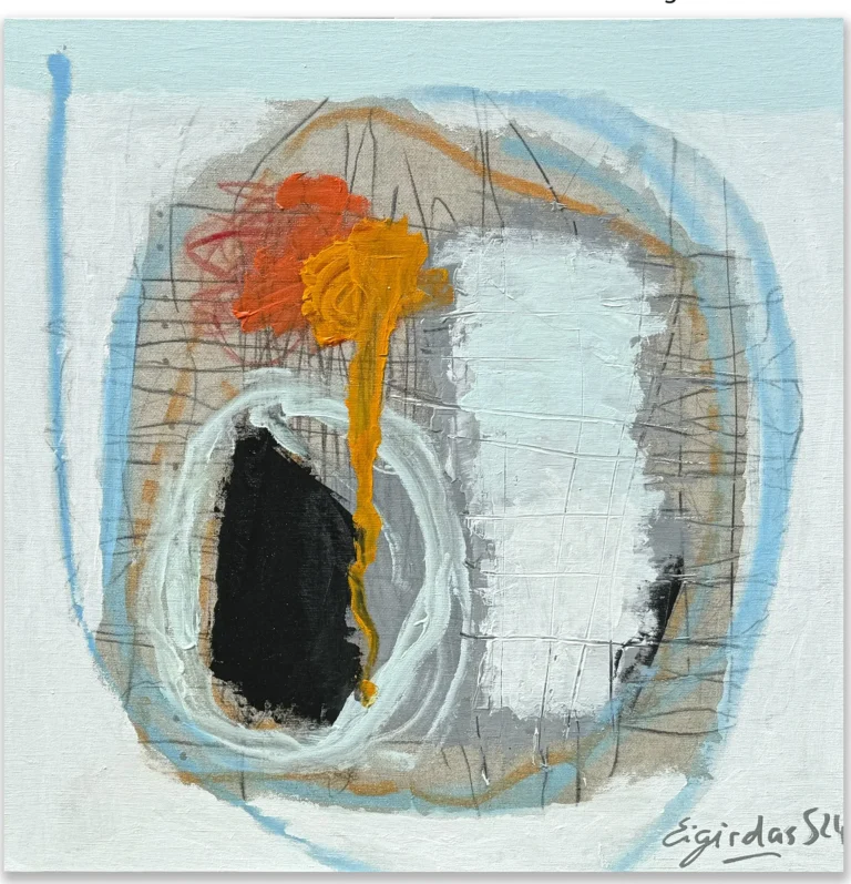 INSIDE – abstraktus paveikslas, 100×100 cm, mišri technika ant drobės, menininkas Eigirdas Scinskas