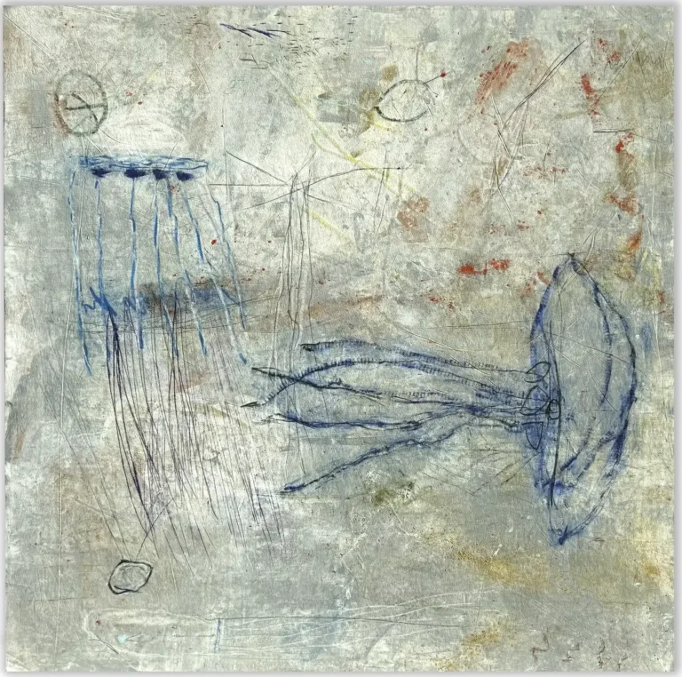 JELLYFISH AND BUTTERFLY – abstraktus paveikslas, 147×140 cm, mišri technika ant drobės, menininkas Eigirdas Scinskas