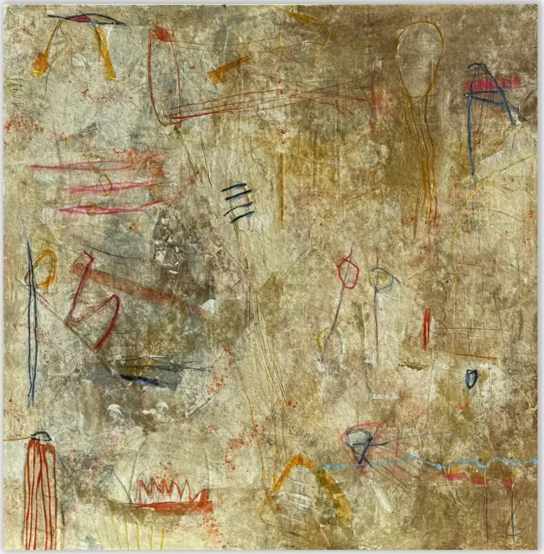 GLOWING IN THE DARK – abstraktus paveikslas, 147×147 cm, mišri technika ant drobės, menininkas Eigirdas Scinskas
