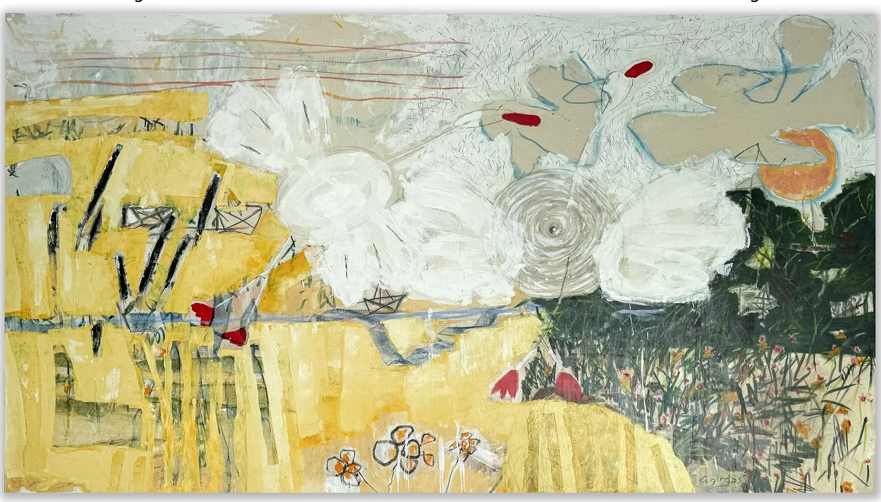 THE GOLDEN HOUR – abstraktus paveikslas, 260×147 cm, mišri technika ant drobės, menininkas Eigirdas Scinskas