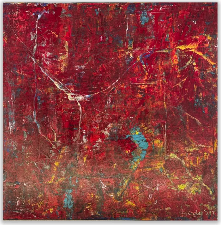 LAVA – THE DANCE – abstraktus paveikslas, 147×147 cm, aliejus ir akrilas ant drobės, menininkas Eigirdas Scinskas
