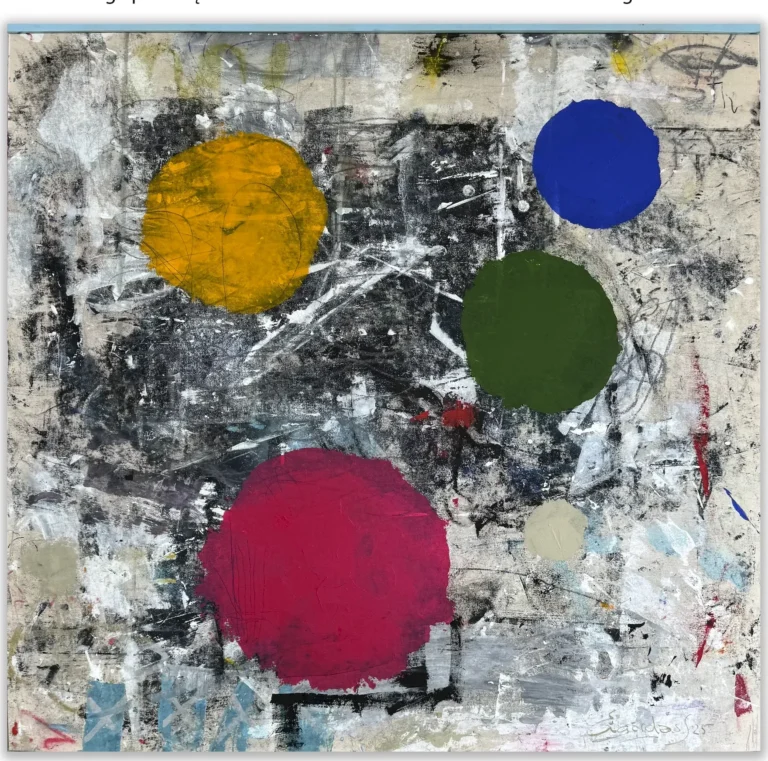 IRREGULAR PLANETARY SYSTEM – abstraktus paveikslas, 147×147 cm, mišri technika ant drobės, menininkas Eigirdas Scinskas