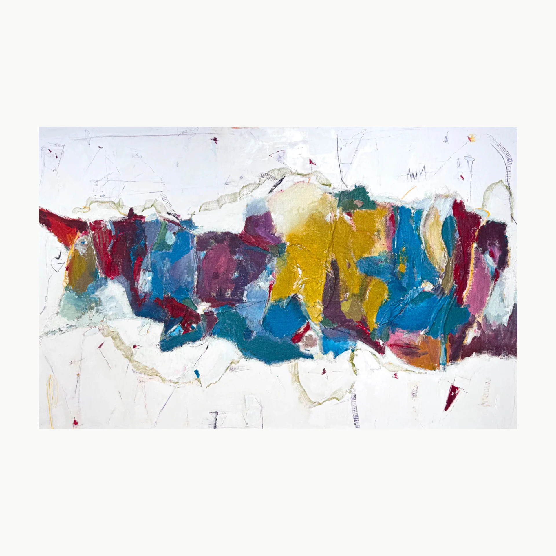 HOME – abstraktus paveikslas, 250×144 cm, mišri technika ant drobės, menininkas Eigirdas Scinskas