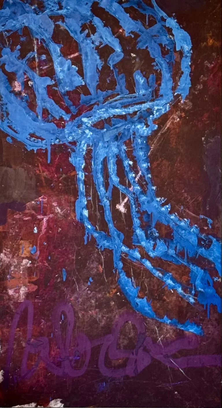 BLUE PULSE – abstraktus paveikslas, 110×200 cm, mišri technika ant drobės, menininkas Eigirdas Scinskas