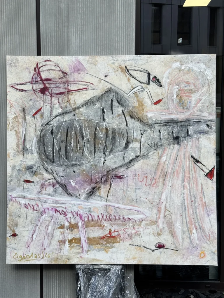 GREY HOPE – abstraktus paveikslas, 147×147 cm, akrilas ant drobės, menininkas Eigirdas Scinskas